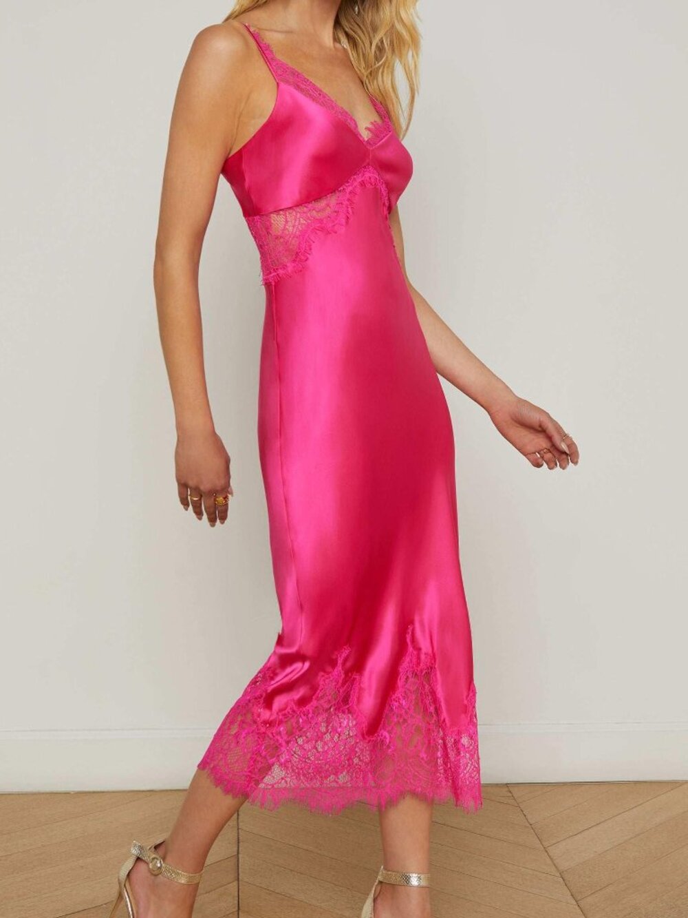 L'Agence Scotly Hot Pink Silk Lace Midi Dress NWT